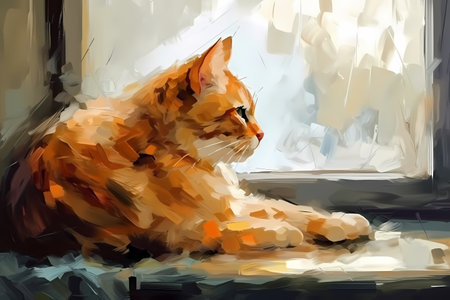 The cat is blissfully licking and grooming its fur, enjoying the sunshine coming through the window.の素材