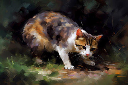 The cat has caught a quick and slippery mouse, and is now proudly showing off its prey.の素材
