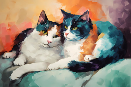 The three cats look so content and happy as they snuggle together on the cushiony couch.の素材