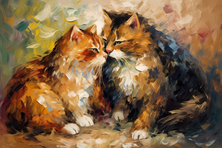 The cats are enjoying some quality bonding time by grooming each other's fur gently.の素材