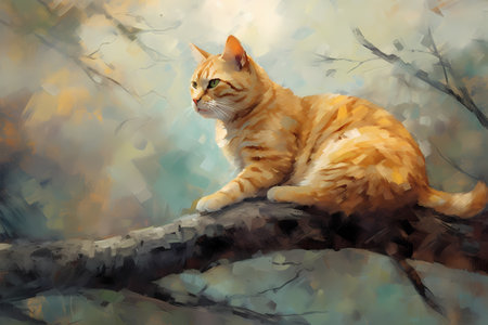 The ginger cat looks majestic and relaxed as it surveys the world below from atop a tree branch.の素材