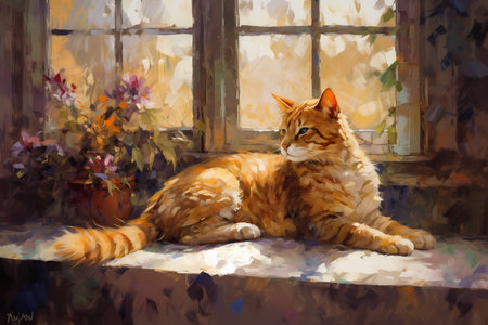 This big cat is reclining on a sun-drenched windowsill, basking in the warmth and enjoying the view.の素材