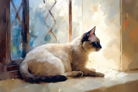 The regal Siamese cat is sitting by the window, gazing out at the world with a serene and contemplative expression.の素材