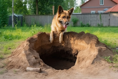 The big dog is excitedly digging a hole in the backyard, scattering dirt everywhere.の素材