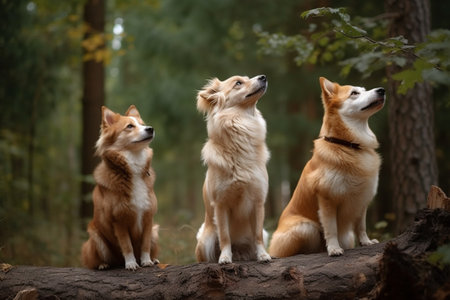 The three dogs are excitedly barking at a cheeky squirrel up in a tree, desperate for it to come down and play.の素材