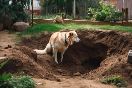 The dog is using all its might to dig a hole in the backyard, possibly searching for treasure.の素材