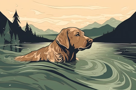 The happy Labrador is enjoying a refreshing swim in the calm waters of the lake.の素材