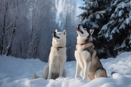 The beautiful snow dogs are singing a song in perfect unison in the cold, winter wonderland.の素材