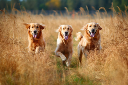 Three energetic golden retrievers are sprinting through a lush green field, chasing each other in a playful manner.の素材