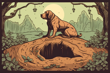 The big dog is excitedly digging a hole in the backyard, scattering dirt everywhere.の素材