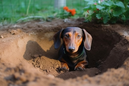 The curious dachshund is digging a deep hole in the backyard, possibly on the hunt for a squirrel or simply for fun.の素材
