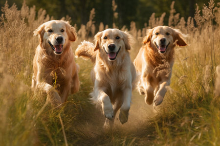 Three energetic golden retrievers are sprinting through a lush green field, chasing each other in a playful manner.の素材