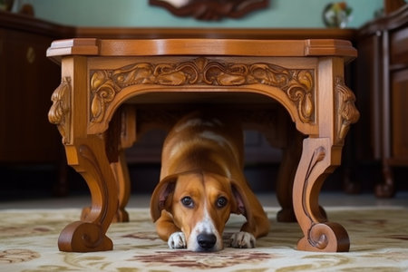 The dog is feeling scared and hiding under the table to feel safe.の素材