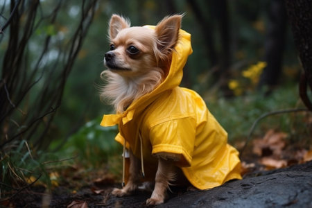 This tiny dog is all geared up and ready to face the rain and puddles in its bright yellow raincoat.の素材