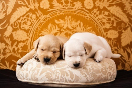 The two cute puppies are napping on a soft fluffy pillow cuddled up together.の素材