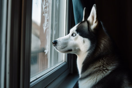 A curious husky is gazing out the window with its bright blue eyes, silently admiring the world outside.の素材