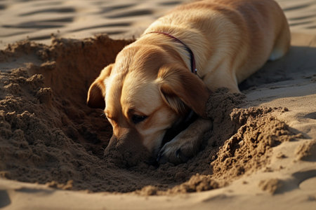 The dog is diligently digging a hole in the sand with its paws, focused on its task.の素材
