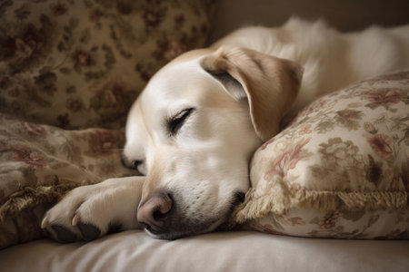 A soft and furry dog lies on a pillow, snuggled up and napping peacefully.の素材