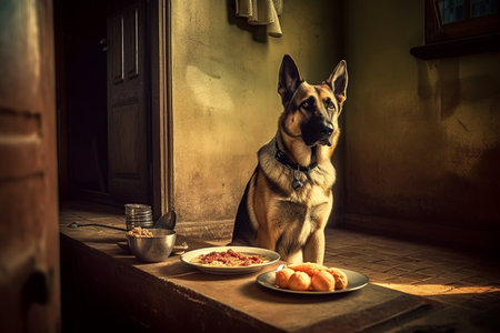 This furry friend sits patiently and drools with anticipation, eagerly waiting for their meal to arrive.の素材