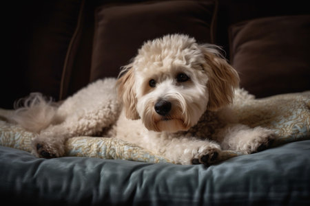 This pampered pooch is basking in the comfort of their luxurious bed, enjoying some much-needed rest and relaxation.の素材