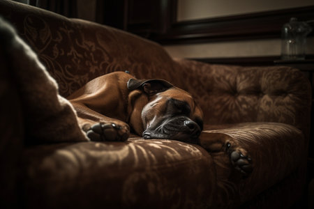 A furry dog is taking a nap on a comfortable, cushioned couch with its eyes closed and breathing peacefully.の素材