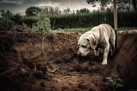 A dog is relentlessly digging a hole in the garden, determined to reach the other side.の素材