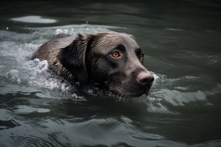The happy Labrador is enjoying a refreshing swim in the calm waters of the lake.の素材