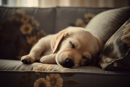 The puppy is sound asleep on the couch, taking a well deserved rest after playing all day!の素材