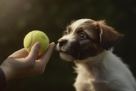 The fluffy little puppy is so excited to be playing catch with its beloved owner, chasing after the ball with reckless abandon.の素材