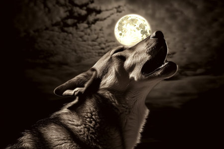 The dog's soulful howl echoes throughout the night, a haunting and plaintive sound.の素材
