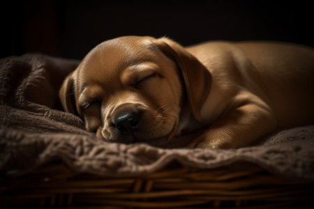 The cute little puppy is sound asleep in a soft and comfortable bed, dreaming of chasing butterflies.の素材