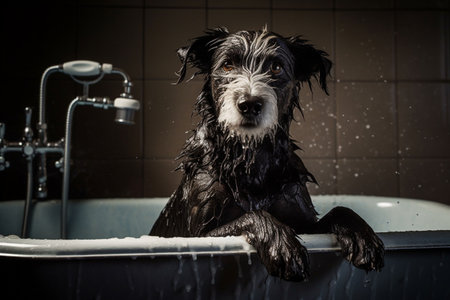 A wet and soapy dog sits patiently in the bathtub, as his owner gently cleans him with a washcloth.の素材