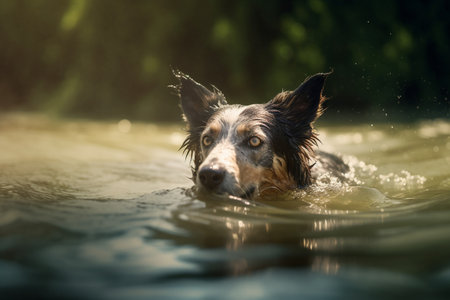The dog is happily paddling through the cool river water, splashing around and having fun.の素材