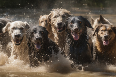 The happy canines are jumping in and out of the water, wagging their tails and barking excitedly as they frolic in the refreshing river.の素材