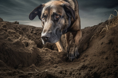 The large dog is digging a big hole in the backyard, determined to bury his favorite toy.の素材
