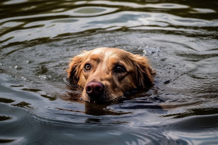 A happy pup splashing around in the refreshing water of a serene lake.の素材