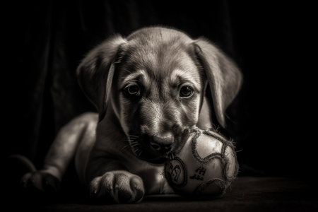 The little puppy is happily gnawing on a soft toy. Her tail wags with excitement as she enjoys her new toy.の素材