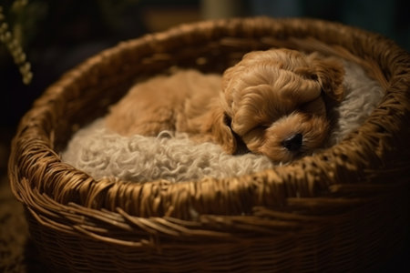 The cute little puppy is sound asleep in a soft and comfortable bed, dreaming of chasing butterflies.の素材