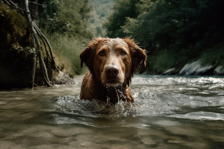 The dog is having a blast swimming and fetching a stick in the refreshing river water.の素材