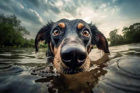 The dog is having a blast swimming and fetching a stick in the refreshing river water.の素材