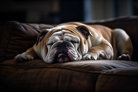 A lazy bulldog is sound asleep on the cozy sofa, snoring comfortably.の素材