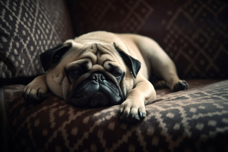 The adorable pug is taking a nap on the comfortable sofa, snoring softly.の素材