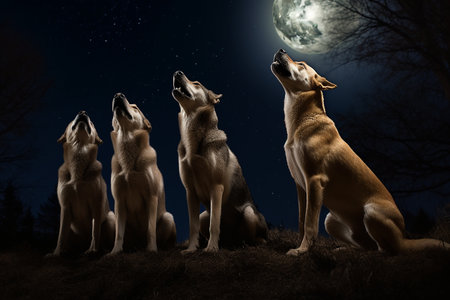 Several dogs are sitting in a circle, howling in unison at the full moon.の素材