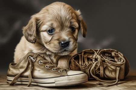 The little puppy seems to have a fascination with shoes - chewing on one has become her new favorite pastimeの素材