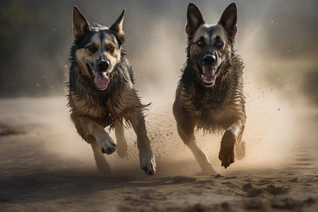 These two playful dogs are running around in circles, joyfully chasing each other.の素材
