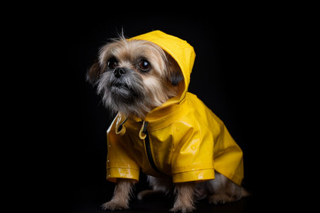 This tiny dog is all geared up and ready to face the rain and puddles in its bright yellow raincoat.の素材