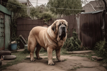 The huge dog takes its job seriously, patrolling the yard and keeping a watchful eye over its territory.の素材