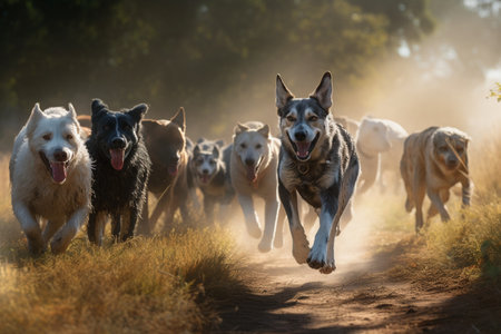 The dogs are having a blast running around in circles, chasing one another.の素材
