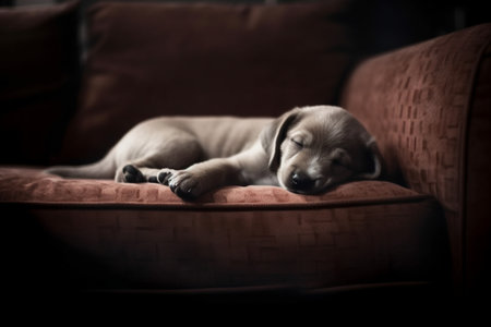The cute little puppy is snuggled up and dozing off on the comfortable couch.の素材