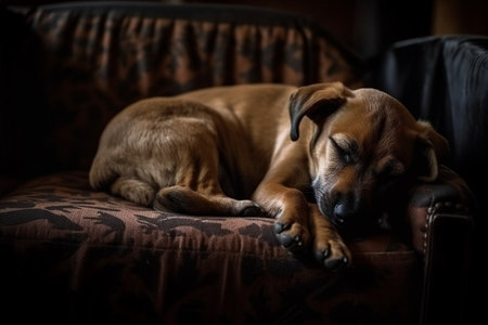 The cute little puppy is snuggled up and dozing off on the comfortable couch.の素材